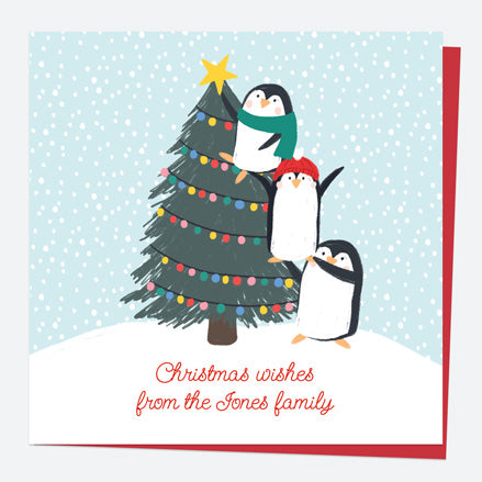 Personalised Christmas Cards - Snow Fun - Penguin Tree - Pack of 10