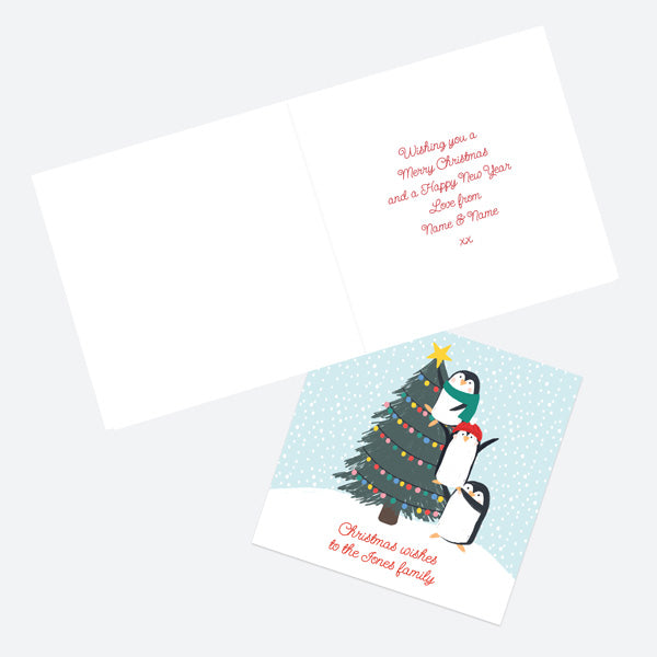 Personalised Single Christmas Card - Snow Fun - Penguin Tree