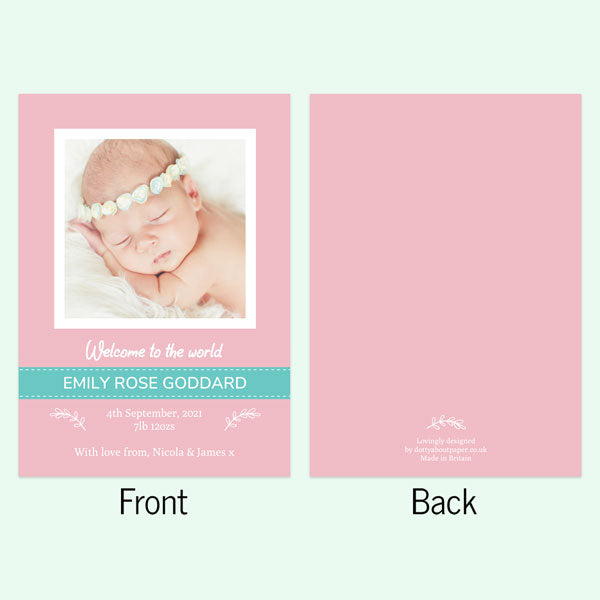 Baby Announcement Cards - Pink & Turquoise Photo - Pack of 10