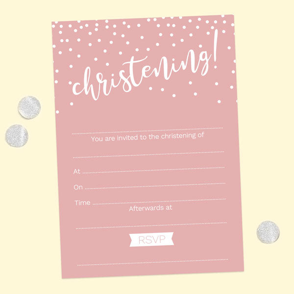 Christening Invitations - Pink Dots Typography - Pack of 10