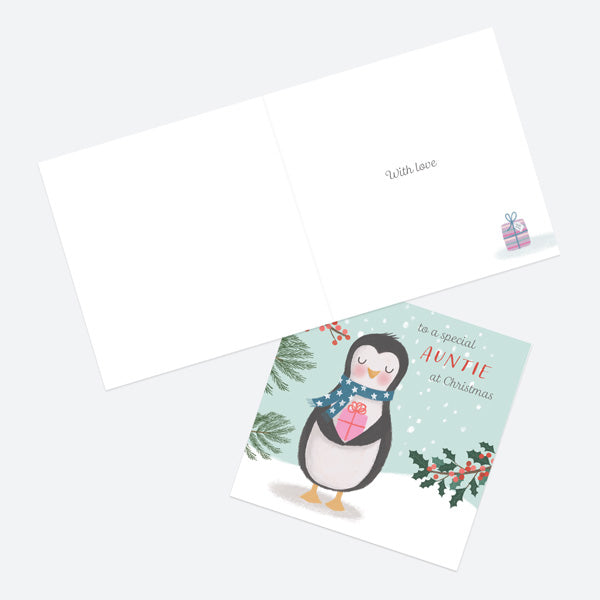Christmas Card - Polar Pals - Penguin & Present - Special Auntie