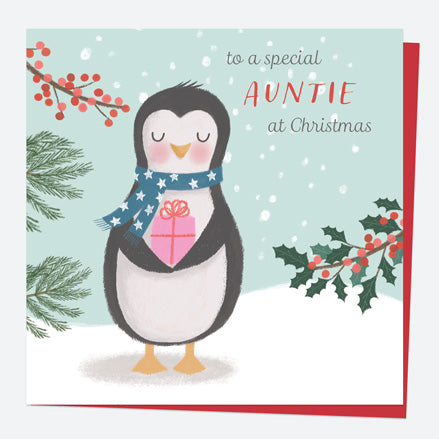 Christmas Card - Polar Pals - Penguin & Present - Special Auntie