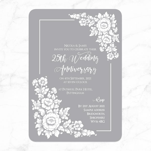 25th Wedding Anniversary Invitations - Romantic Flowers