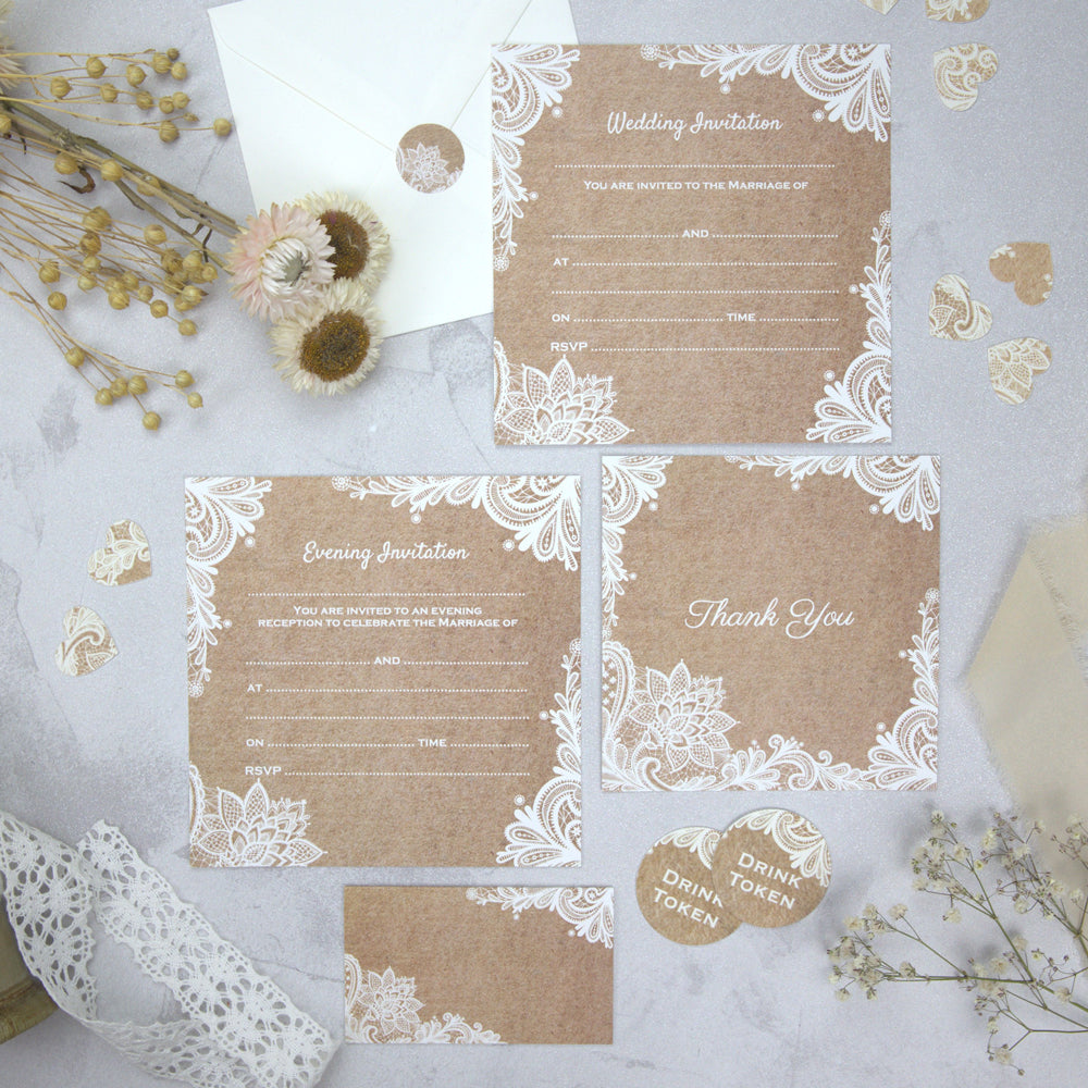 Ready to Write Wedding Postcard Invitations - Rustic Lace Pattern