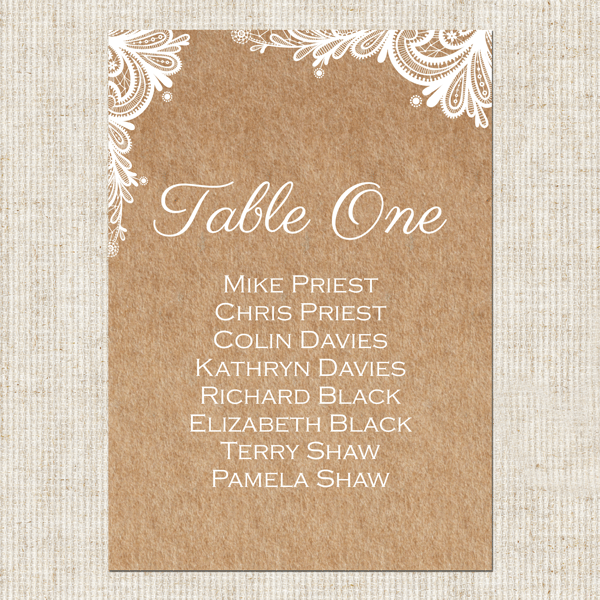Rustic Wedding Lace - Table Plan Cards