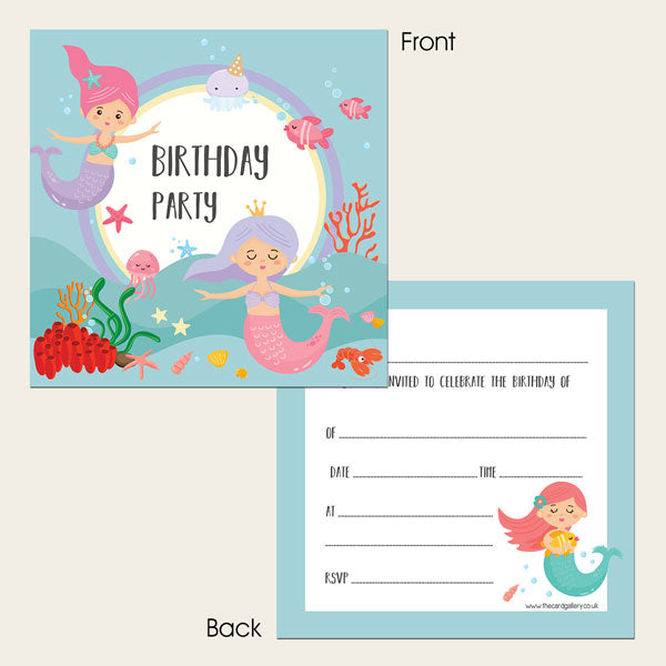 Ready To Write Kids Birthday Invitations - Mermaid Party - Pack of 10