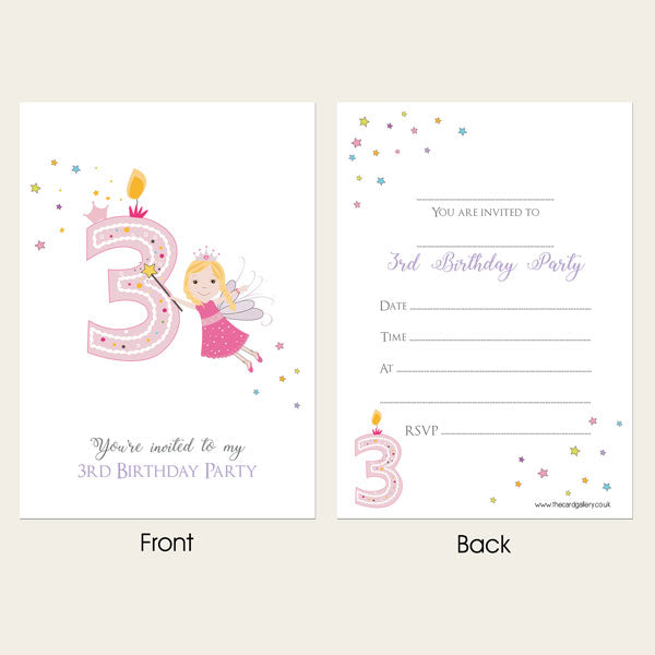 Ready To Write Kids Invitations - Girls 3rd Birthday Fairy - Pack of 10