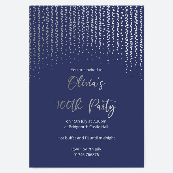 100th Birthday Invitations - Silver Deluxe - Navy Glittering Lights - Pack of 10