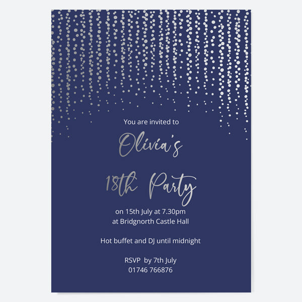 18th Birthday Invitations - Silver Deluxe - Navy Glittering Lights - Pack of 10