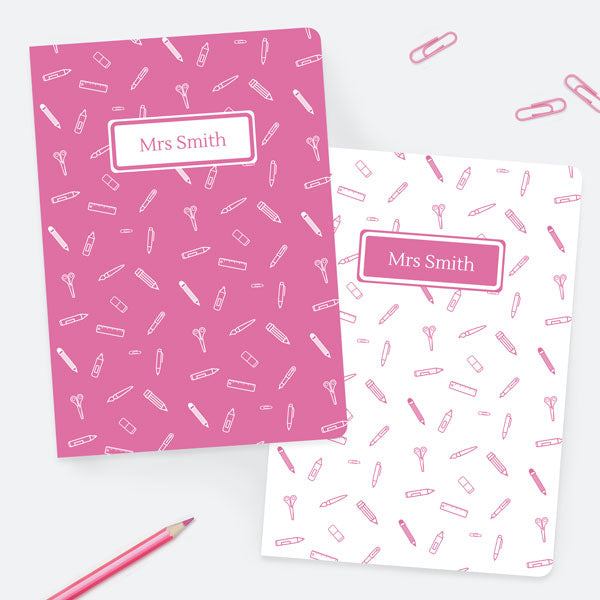 Smart Stationery Pattern - Pink - Personalised A5 Exercise Books - Pack of 2