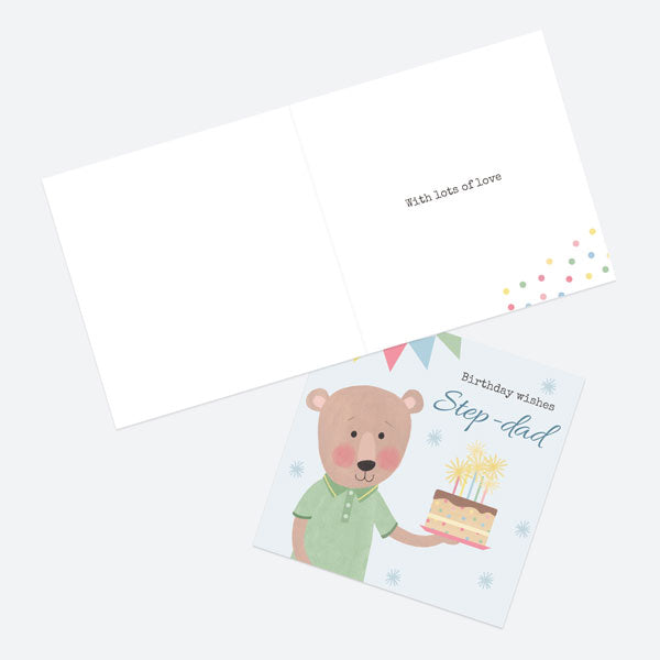 Step-Dad Birthday Card - Dotty Bear - Cake - Birthday Wishes Step-Dad