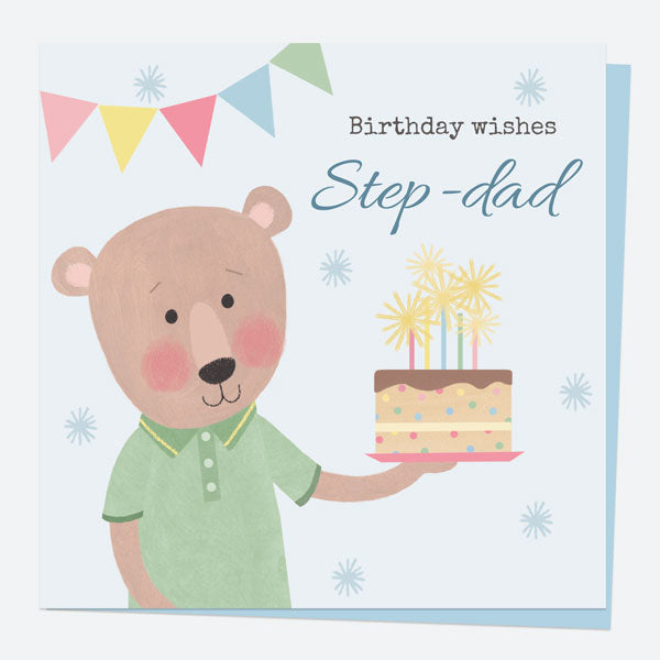 Step-Dad Birthday Card - Dotty Bear - Cake - Birthday Wishes Step-Dad