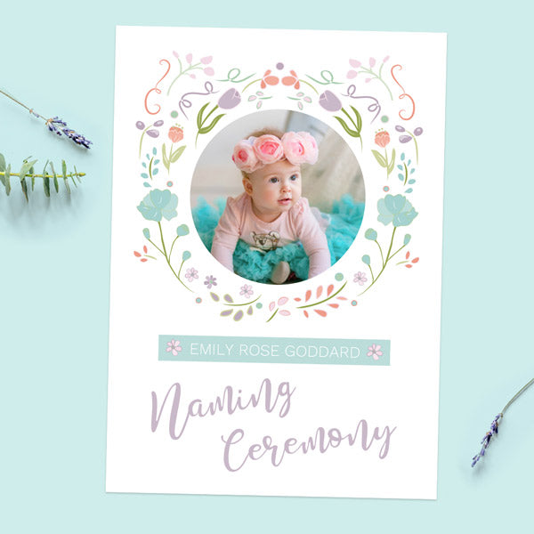 Naming Ceremony Invitations - Summer Pastel Flowers - Use Your Own Photo - Pack of 10