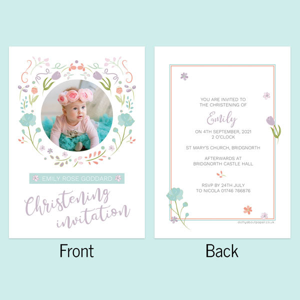 Christening Invitations - Summer Pastel Flowers - Use Your Own Photo - Pack of 10