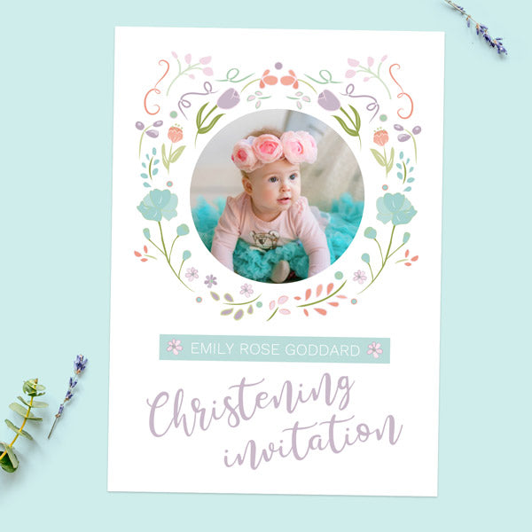 Christening Invitations - Summer Pastel Flowers - Use Your Own Photo - Pack of 10