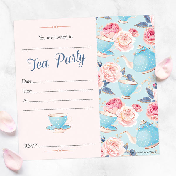 Tea Party Invitations - Teapots & Roses - Pack of 10