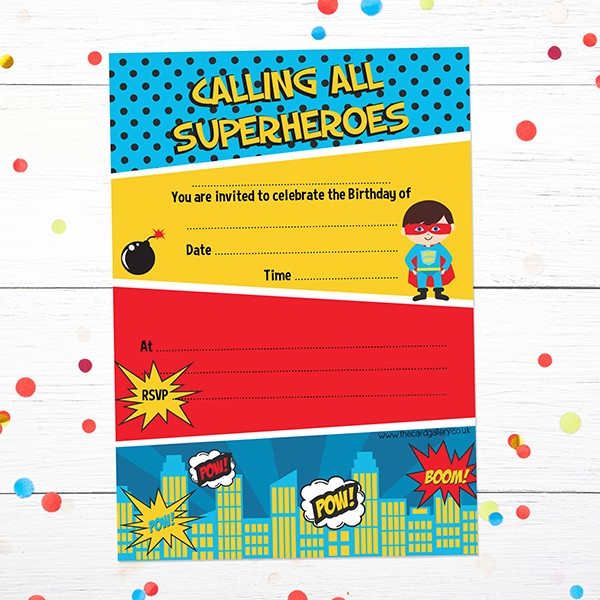 Ready To Write Kids Birthday Invitations - Comic Superhero - Pack of 10