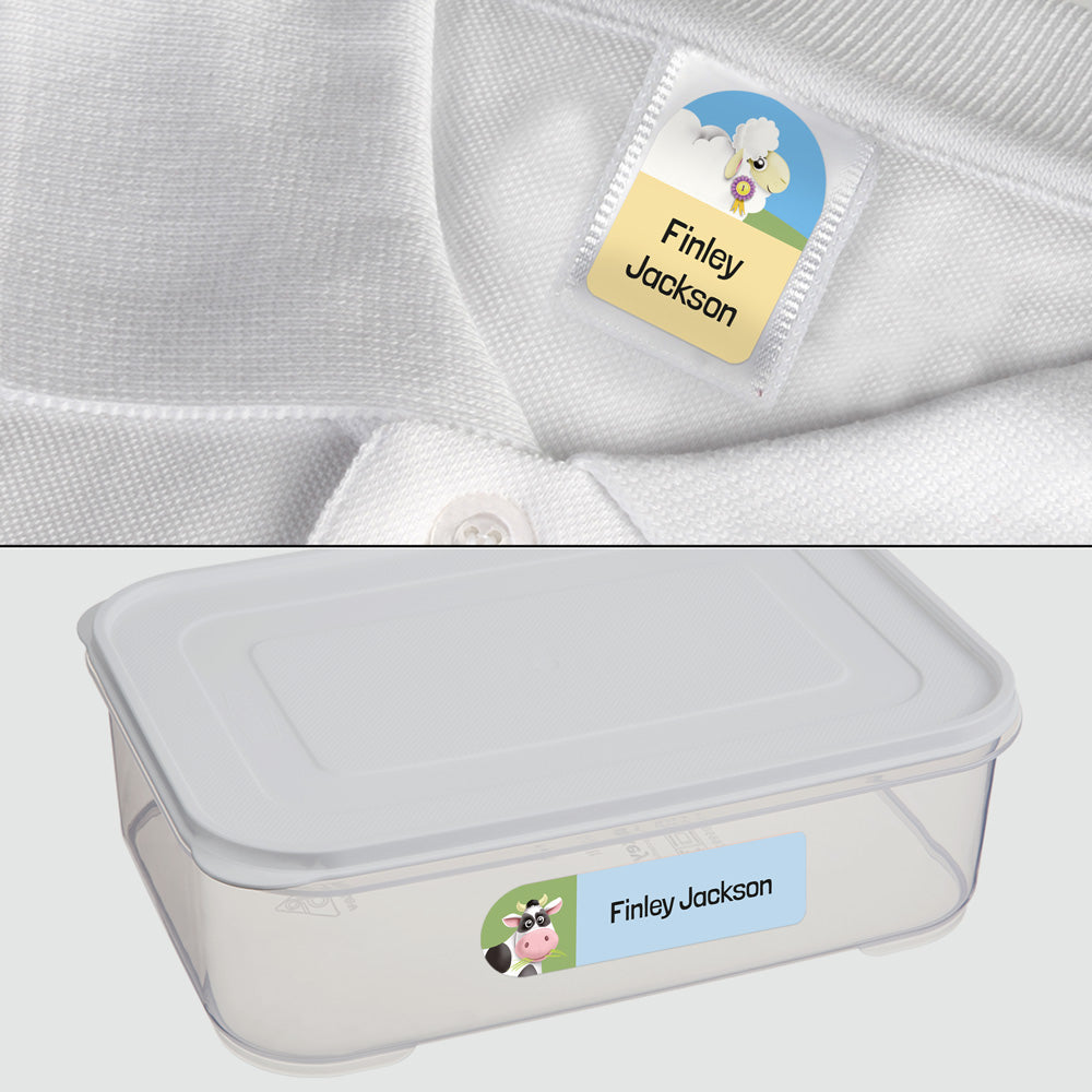 No Iron Personalised Stick On Waterproof (Clothing/Equipment) Name Labels - Farmyard Friends - Mixed Pack of 50