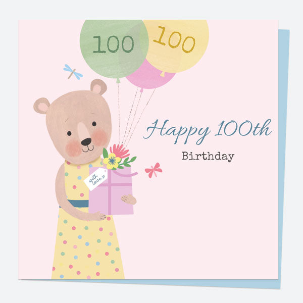 100th Birthday Card - Dotty Bear - Balloons - 100th