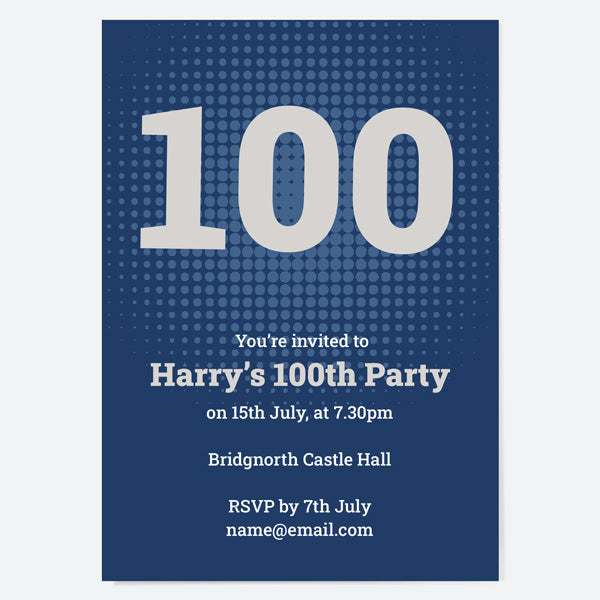 100th Birthday Invitations - Navy Bold Typography - Pack of 10