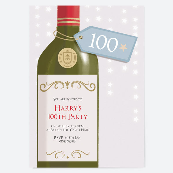 100th Birthday Invitations - White Wine Bottle - Pack of 10