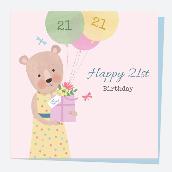 21st Birthday Card - Dotty Bear - Balloons - 21st