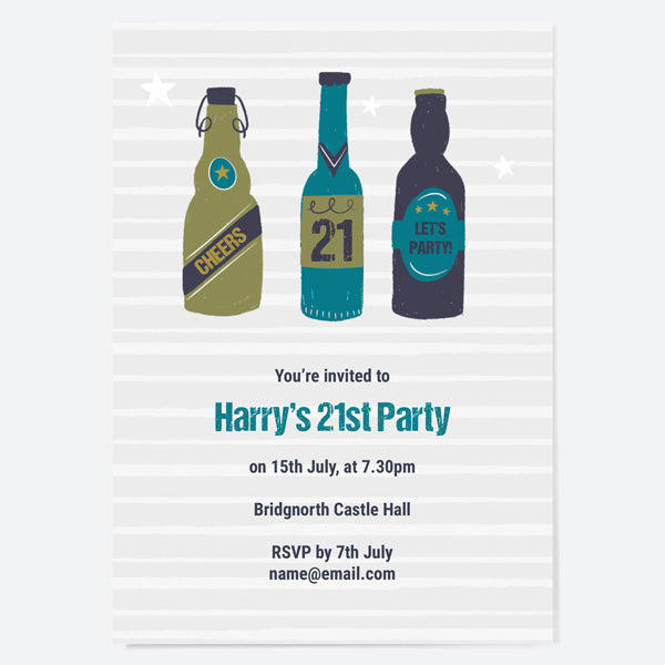 21st Birthday Invitations - Beer Bottles - Cheers - Pack of 10
