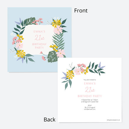 21st Birthday Invitations - Summer Botanicals - Floral Frame - Pack of 10