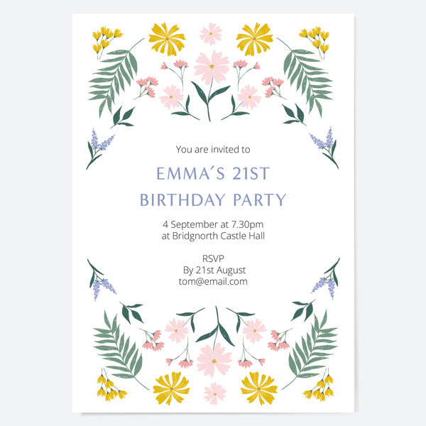 21st Birthday Invitations - Summer Botanicals - Delicate Flowers - Pack of 10