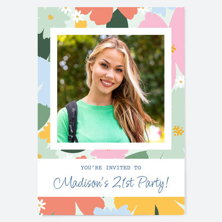 21st Birthday Invitations - Abstract Flowers - Pattern Photo - Pack of 10