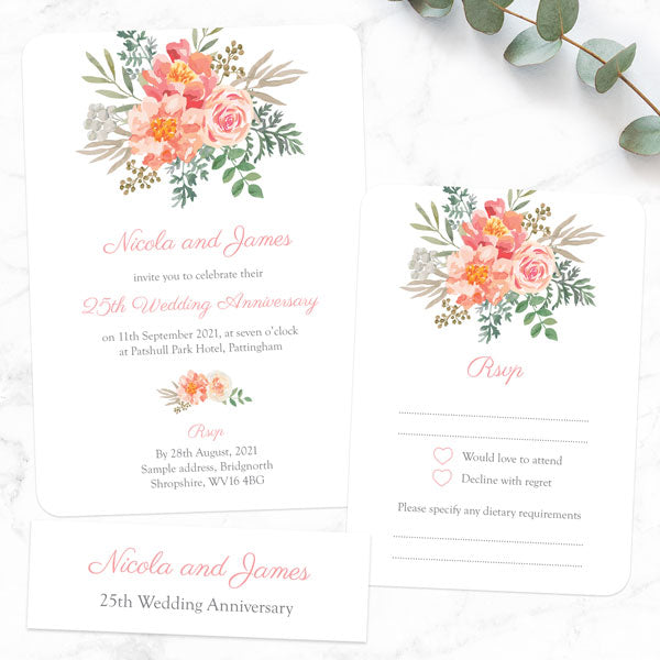 25th Wedding Anniversary Invitations - Peach Watercolour Bouquet - Pack of 10