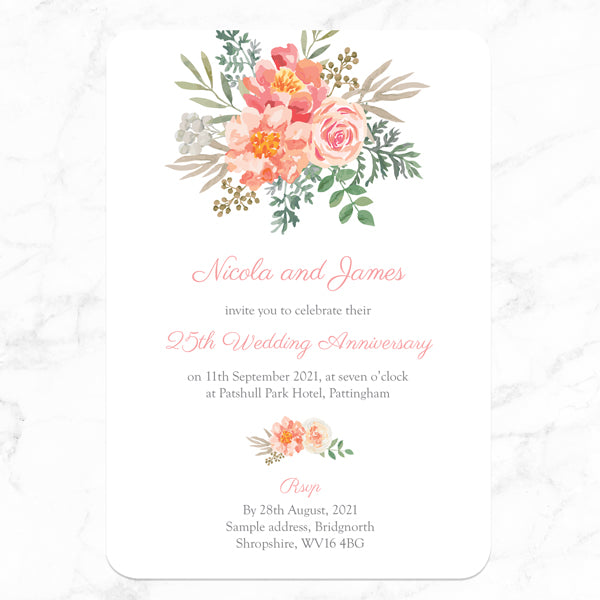 25th Wedding Anniversary Invitations - Peach Watercolour Bouquet - Pack of 10