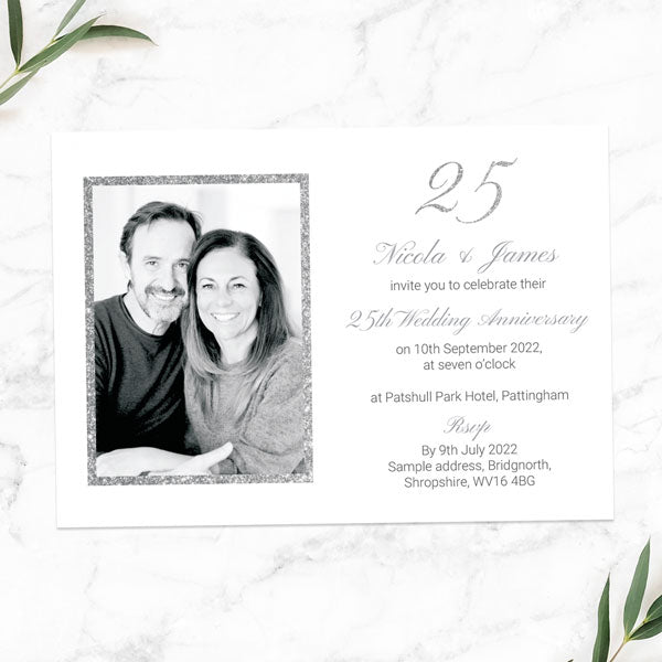25th Wedding Anniversary Invitations - Simple Glitter Effect - Pack of 10