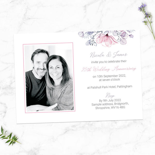 25th Wedding Anniversary Invitations - Lilac & Pink Flowers - Pack of 10