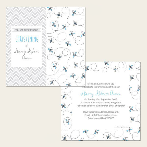 Christening Invitations - Boys Busy Bee - Postcard - Pack of 10