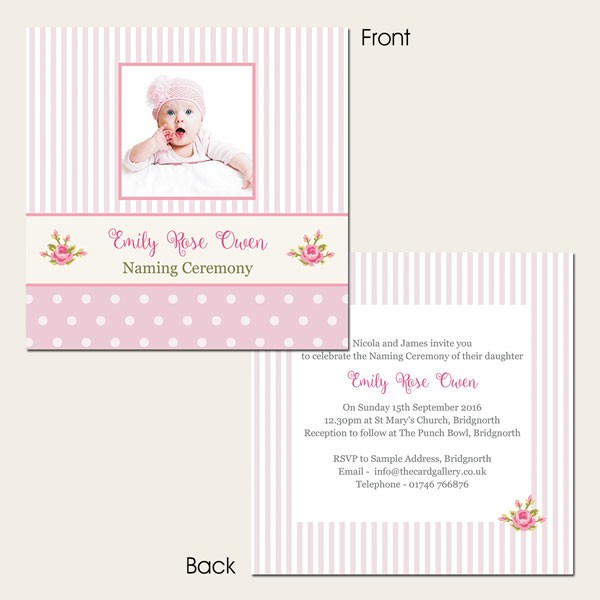 Naming Ceremony Invitations - Flowers & Stripes Use Your Own Photo - Pack of 10