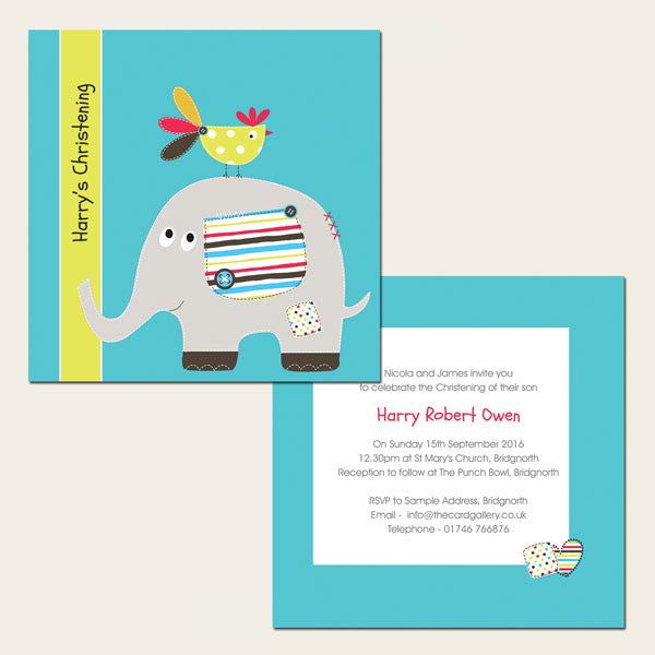 Christening Invitations - Elephant & Bird - Postcard - Pack of 10