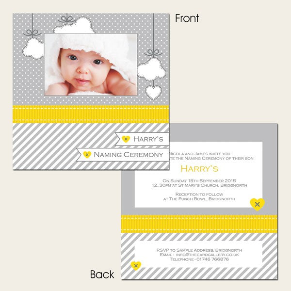 Naming Ceremony Invitations - Grey & Yellow Cloud Use Your Own Photo - Pack of 10