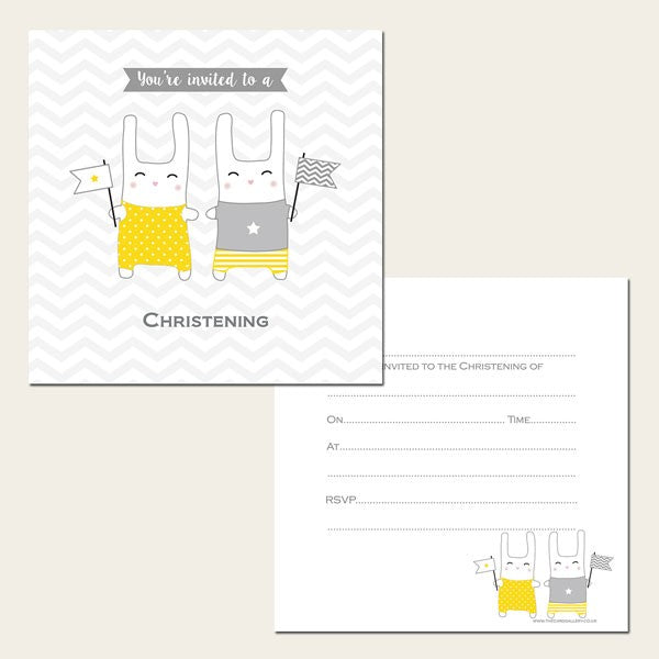 Christening Invitations - Twin Bunnies - Postcard - Pack of 10