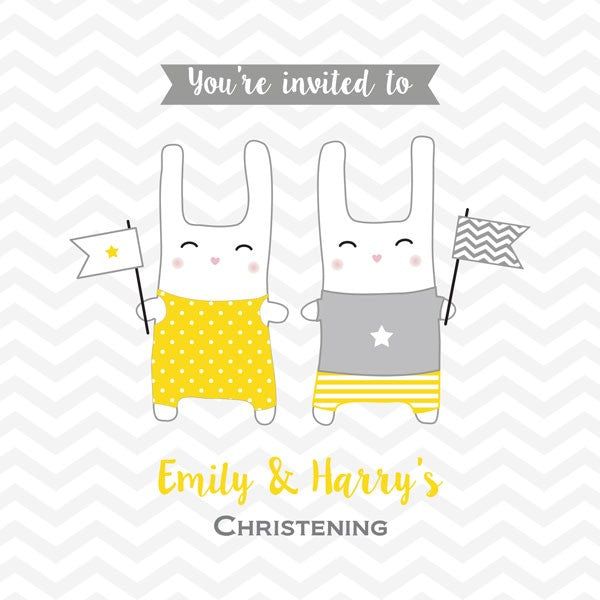 Christening Invitations - Twin Bunnies - Postcard - Pack of 10