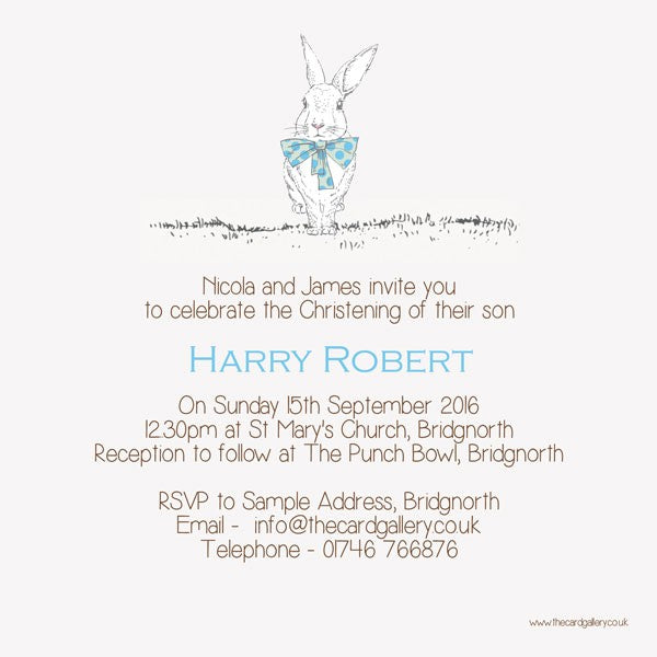 Christening Invitations - Boys Rabbit & Bow Tie - Postcard - Pack of 10