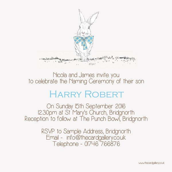Naming Ceremony Invitations - Boys Rabbit & Bow Tie - Postcard - Pack of 10