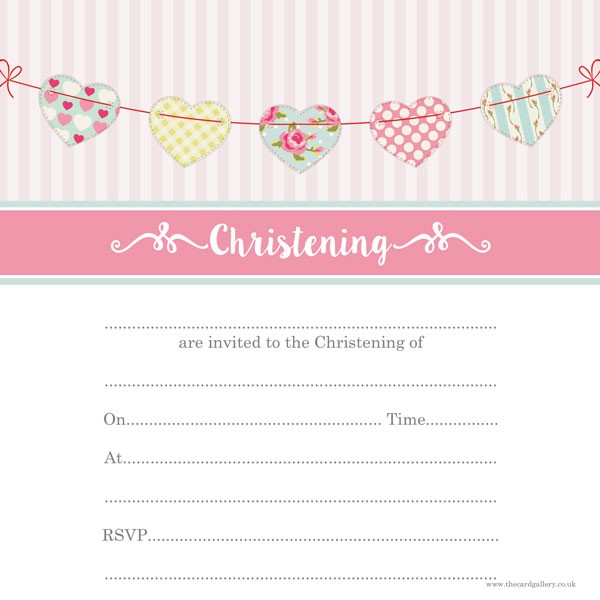 Christening Invitations - Cute Heart Bunting - Postcard - Pack of 10