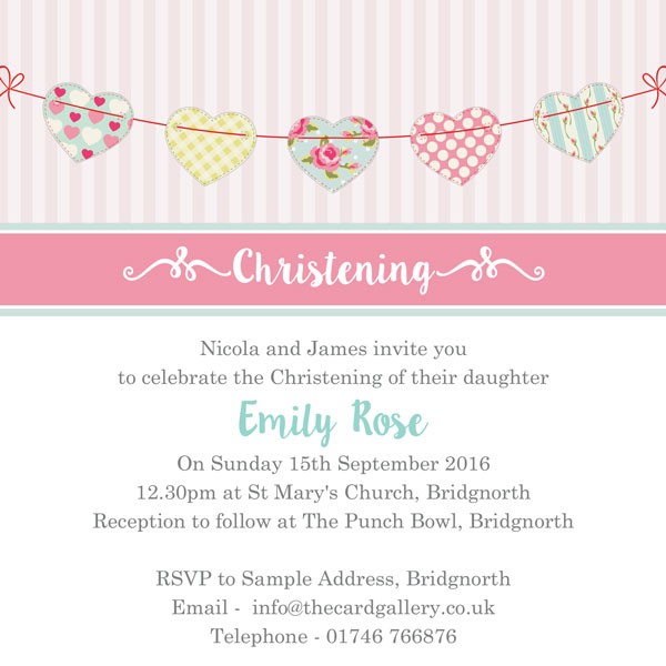 Christening Invitations - Cute Heart Bunting - Postcard - Pack of 10