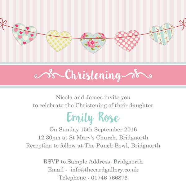 Christening Invitations - Cute Heart Bunting - Postcard - Pack of 10