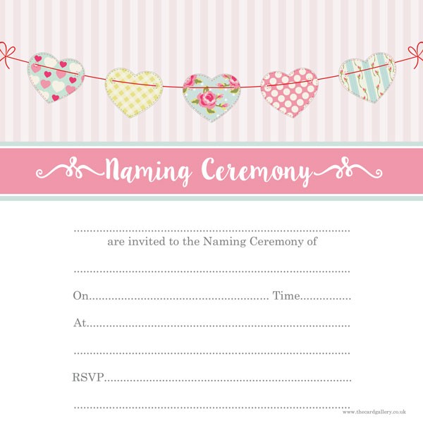 Naming Ceremony Invitations - Cute Heart Bunting - Postcard - Pack of 10