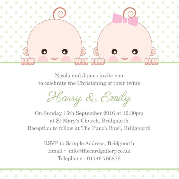Christening Invitations - Cute Twins - Postcard - Pack of 10