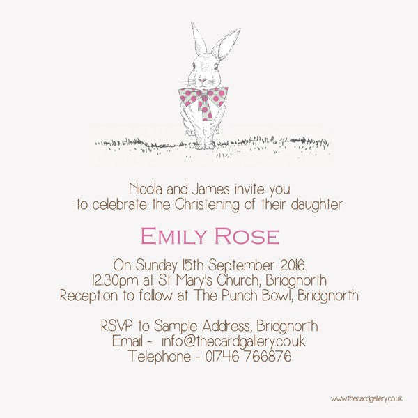 Christening Invitations - Girls Rabbit & Bow Tie - Postcard - Pack of 10