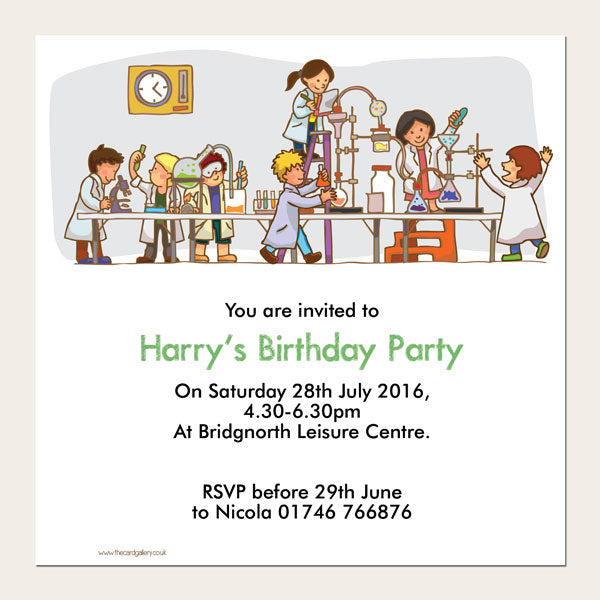 Personalised Kids Birthday Invitations - Science Party - Pack of 10