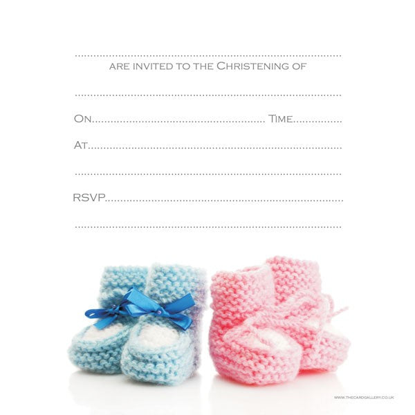 Christening Invitations - Twins Knitted Booties - Postcard - Pack of 10